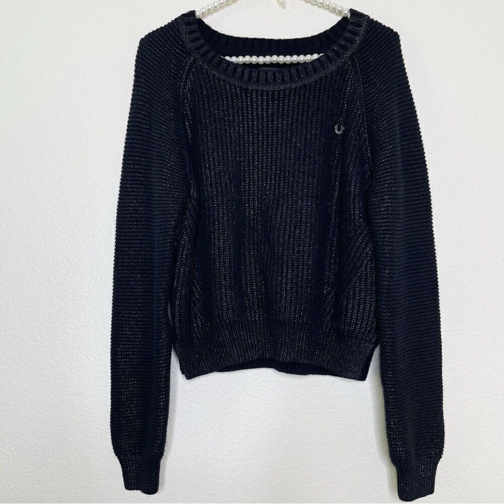 True Religion Size Small Black Knit Sweater Wax Coated 100% Cotton Pullover Logo